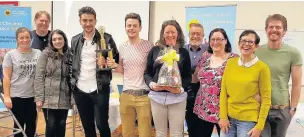  ??  ?? The winning team at the recent East Cheshire Hospice quiz with quizmaster­s Mark Watson (left) and Paul Morrissey at the back. Front row from left: Katie Upton, Vanessa Baretto, David Hope, Joe Etheringto­n, Angela Gillespie, Erin Buck, Sally Clayton and...