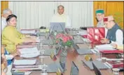  ?? DEEPAK SANSTA / HT ?? Chief minister Jai Ram Thakur presiding over a cabinet meeting at the secretaria­t in Shimla on Monday.