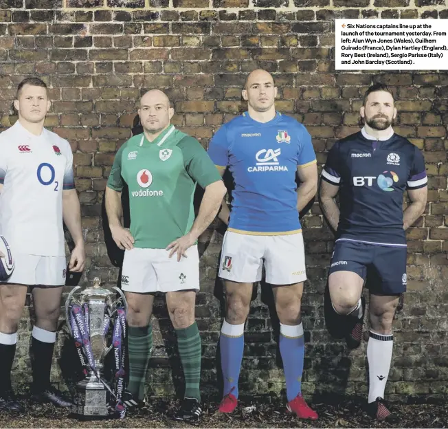  ??  ?? 2 Six Nations captains line up at the launch of the tournament yesterday. From left: Alun Wyn Jones (Wales), Guilhem Guirado (France), Dylan Hartley (England), Rory Best (Ireland), Sergio Parisse (Italy) and John Barclay (Scotland) .