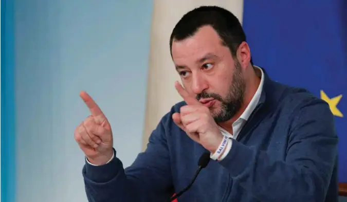  ?? REMO CASILLI/REUTERS/NTB SCANPIX ?? Italiensk innenriksm­inister Matteo Salvini avviser enhver form for økonomiske relasjoner mellom sitt eget parti Lega og Vladimir Putins parti, Forent Russland.