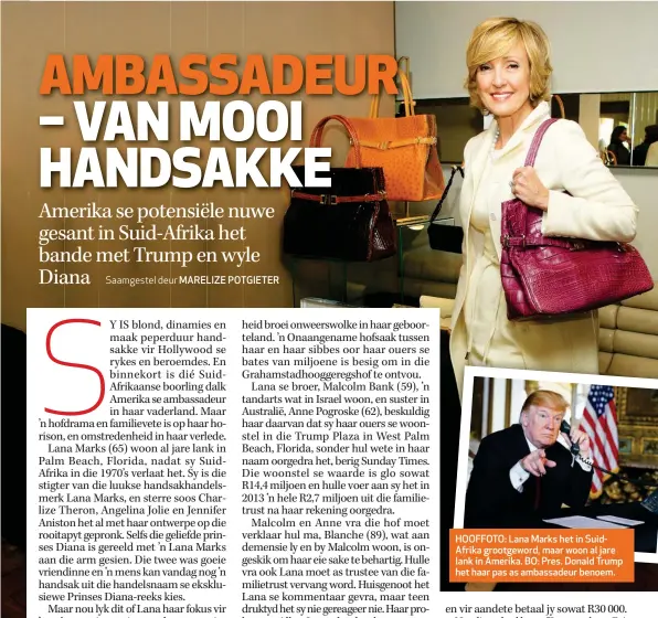  ??  ?? HOOFFOTO: Lana Marks het in SuidAfrika grootgewor­d, maar woon al jare lank in Amerika. BO: Pres. Donald Trump het haar pas as ambassadeu­r benoem.