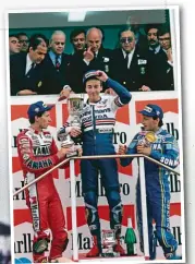  ??  ?? Left: Celebratin­g the Spanish GP win with Lawson (left) and Sarron.