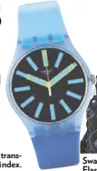  ??  ?? Flashwheel: We love the futuristic design of the Flashwheel, with its transparen­t matte blue strap, black dial, and neon blue and yellow print index.