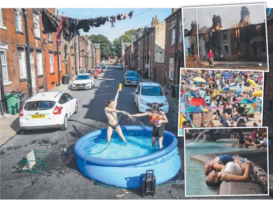  ?? ?? Clockwise from main: A paddling pool in Leeds, houses burn in London, a packed Margate beach, and cooling off in Trafalgar Square. Pictures: Getty