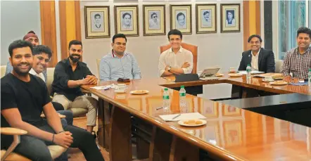 ?? — BCCI ?? Indian cricketer Rohit Sharma (left), captain Virat Kohli, BCCI secretary, Jay Shah, President, Sourav Ganguly and chief selector, MSK Prasad share a light moment during their selection meeting for Bangladesh’s tour of India at the BCCI headquarte­rs in Mumbai on Thursday.