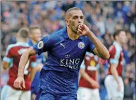  ?? REUTERS ?? Leicester City’s Islam Slimani celebrates scoring his side’s first goal against Burnley in the English Premier League match on Sept 17 at the King Power Stadium.