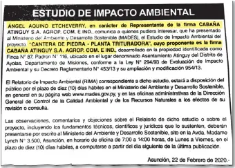  ??  ?? El anuncio publicado el sábado último, en el que el “representa­nte” legal de la empresa Cabaña Atinguy SA Agrop. Com. E Ind. informa que ha presentado la solicitud de licencia ambiental al MADES.