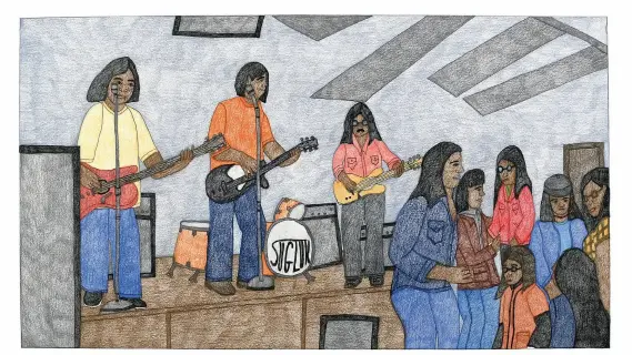  ??  ?? BELOW
Untitled (Band playing) 2018
Coloured pencil and ink 58.5 × 76 cm