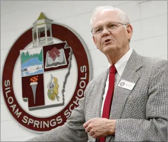  ?? Janelle Jessen/Siloam Sunday ?? Ken Ramey, superinten­dent of Siloam Springs School District, spoke during a school board meeting in September. Ramey announced on Thursday that he plans to retire on June 30 after a 52-year career in education.