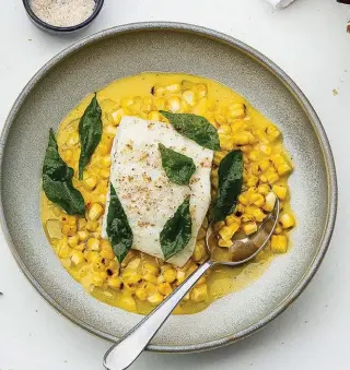  ??  ?? Snapper, corn custard and curry leaves