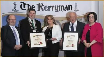  ??  ?? Pictured at the The Kerryman Business Awards 2019 held in the Ballygarry House Hotel Tralee. Finalists of the Best Tourism Award, from left, Billy Mangan, The Corkman; Mayor of Kerry Clr Niall Kelliher; Lorraine Salmon, The Brehon; Pat Curtin, Kerry Aqua Terra Ltd and Moira Murrell, CE Kerry County Council.