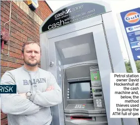  ??  ?? Petrol station owner David Hockenhull at the cash machine and, below, the method thieves used to pump the ATM full of gas