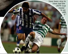  ??  ?? Then Celtic captain Paul Lambert puts in a challenge on Deco of Porto during the 2003 UEFA Cup final in Seville. Lambert admits missing out on lifting the cup is the biggest regret of his playing days