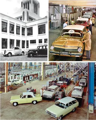  ??  ?? Sens horaire La chaîne des premières Holden FX. Des HQ 1936 fraîchemen­t assemblées à Fishermans Bend. La millionièm­e Holden, une EJ Premier, est sortie des lignes en 1962. La HR de 1966 fut la première avec un levier de vitesse au plancher.