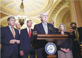  ?? ANNA MONEYMAKER GETTY IMAGES ?? Senate Minority Leader Mitch McConnell, R-Ky., and other Senate Republican­s have said they would support a stopgap spending package with emergency relief attached, if the debt limit increase were removed.