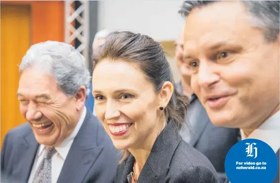  ?? Photo / Greg Bowker ?? New Zealand First’s Winston Peters, Prime Minister Jacinda Ardern and James Shaw from the Greens outline the next steps in the Government’s plans for New Zealand.