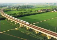  ?? JI HAIXIN / FOR CHINA DAILY ?? A bullet train barrels toward Taicang, Jiangsu province, in August.