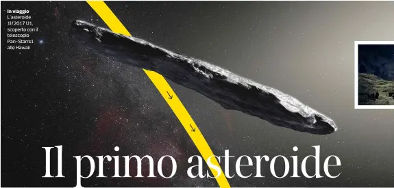  ??  ?? In viaggio L’asteroide 1I/2017 U1, scoperto con il telescopio Pan-Starrs1 alle Hawaii