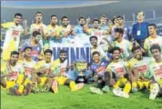  ?? AIFF ?? The Kerala team with the Santosh Trophy on Sunday.