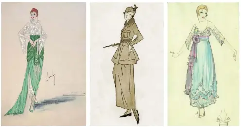  ??  ?? Bottom left to right: A trio of Lucile creations includes sketches for an evening dress of green silk and white lace, 1917, a 1915 suit, inspired by a British soldier’s uniform, and a gown worn by actress Billie Burke in the 1917 play The Rescuing Angel.