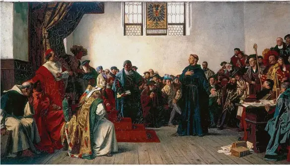  ?? Foto: akg-images ?? „Luther auf dem Reichstag zu Worms“, wie der Historienm­aler Anton von Werner die Szenerie auf seinem 1877 entstanden­en Gemälde schilderte.