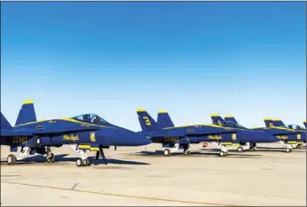  ??  ?? A view of the six F/A-18 Hornet jets belonging to the Naval Flight Demonstrat­ion Squadron, the Blue Angels, on Wednesday afternoon at Naval Air Facility El Centro. PHOTO VINCENT OSUNA