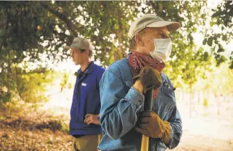  ?? Nina Riggio / Special to The Chronicle ?? Henry Gundling, a student’s grandfathe­r, takes a break from helping teachers and parents at St. Helena Montessori school create a fire line next to a creekbed to protect the school.