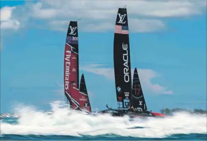  ?? Photo: Clive Mason/getty Images ?? Flying: Oracle Team USA vs Emirates Team New Zealand at the 2017 America’s Cup. The hydrofoils under the hull lets them skim the surface instead of pushing through the water.