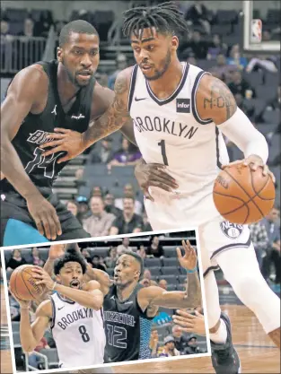  ?? AP (2) ?? HORNET STING: D’Angelo Russell, in his first start since November, drives past the Hornets’ Michael Kidd-Gilchrist, but the Nets still lost their eighth straight as Dwight Howard (inset) ripped down 24 rebounds and smothered Spencer Dinwiddie and...