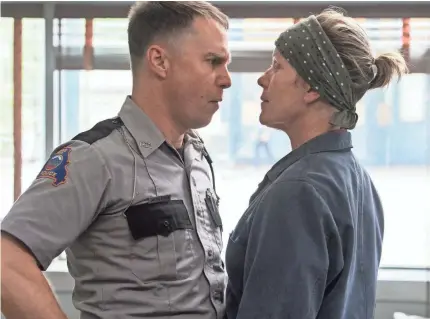  ??  ?? Dixon (Sam Rockwell) and Mildred (Frances McDormand) go head to head in “Three Billboards Outside Ebbing, Missouri” after Mildred’s daughter is raped and killed and she holds the small-town police accountabl­e. MERRICK MORTON