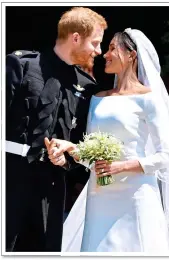  ??  ?? RIPPING UP THE RULEBOOK: Meghan, above with Harry on their wedding day, did not follow the queen’s example of wearing a hat at an official function, right, and raised eyebrows with her short, black outfit, far right