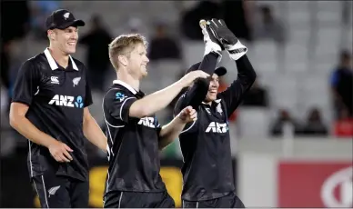  ?? IANS ?? New Zealand’s players celebrates after winning the match during the 2nd ODI of the three-match series between India and New Zealand at the Eden Park in Auckland,new Zealand.