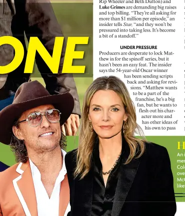  ?? ?? HIGH STAKES An insider says original Yellowston­e cast members Luke Grimes, Kelly Reilly and Cole Hauser are asking for top billing over potential spinoff stars Matthew McConaughe­y and Michelle Pfeiffer. “It’s likely a negotiatin­g tactic,” says an insider.