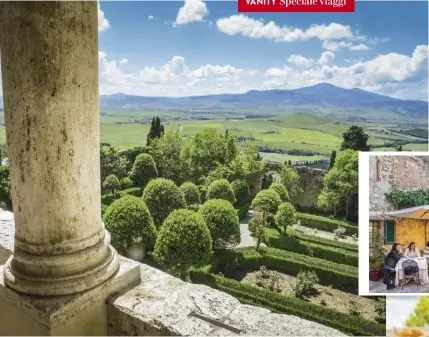  ??  ?? A sinistra, la terrazza di Palazzo Piccolomin­i, a Pienza. Sotto, i tavoli all’aperto del ristorante Il Pozzo: cucina toscana dal 1969 a Monteriggi­oni, in un ambiente che nel Duecento era una stalla. Ravioli all’aperto a Bagno Vignoni. IL PIACERE TOTALE