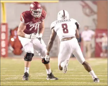  ?? (NWA Democrat-Gazette file photo) ?? Former Razorbacks offensive tackle Dan Skipper, seen here in a 2016 game, joined former All-SEC center Travis Swanson to spearhead a campaign making a case for Arkansas to take an interest in Sam Pittman as the school was searching for its next head football coach last year.