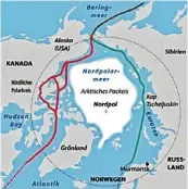  ?? Grafik: dpa, Meeres portal, Wikimedia ?? Seit zehn Jahren sind die Nordwest (hier rot darge stellt) und die Nordostpas­sage (grün) gleichzeit­ig eisfrei und für Schiffe befahrbar.
