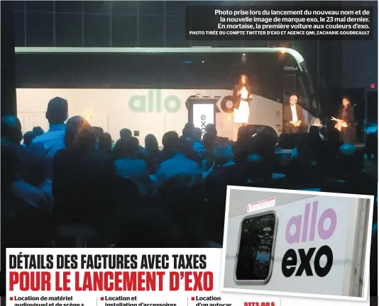  ?? PHOTO TIRÉE DU COMPTE TWITTER D’EXO ET AGENCE QMI, ZACHARIE GOUDREAULT ?? Photo prise lors du lancement du nouveau nom et de la nouvelle image de marque exo, le 23 mai dernier. En mortaise, la première voiture aux couleurs d’exo.