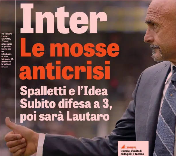  ??  ?? Da sinistra Lautaro Martinez, 21 anni, attaccante argentino fermo per un infortunio, e Joao Miranda, 34, difensore brasiliano LIVERANI