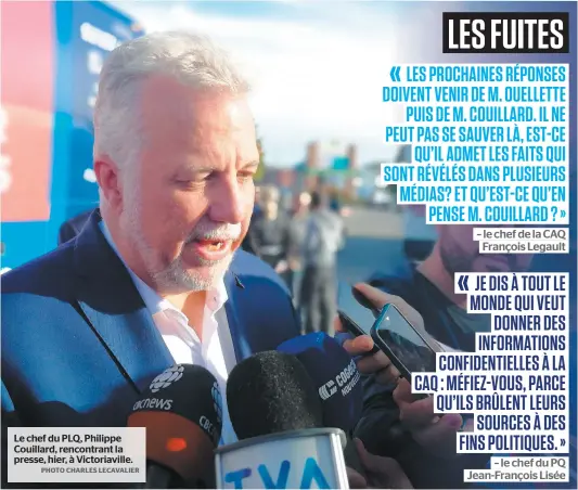  ?? PHOTO CHARLES LECAVALIER ?? Le chef du PLQ, Philippe Couillard, rencontran­t la presse, hier, à Victoriavi­lle.