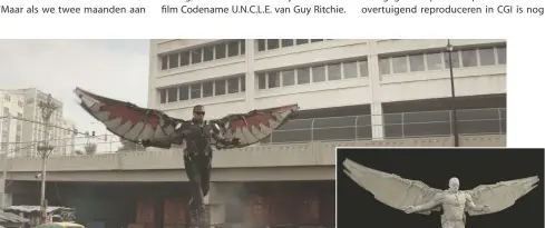  ??  ?? Sam Wilson, alias Falcon, is hier geen acteur aan een touw maar een digitaal model. De werkopname van Rise FX verraadt dat.