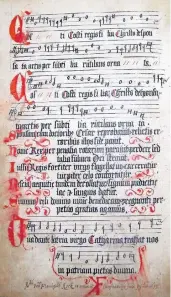  ?? FOTO: CSM ?? Der Geistliche Framigius Kock hat den Text des Katharinen­liedes 1633 in einem Buch der Neusser Katharinen­bruderscha­ft festgehalt­en. Das Blatt gehört zum Bestand des Clemens-SelsMuseum.