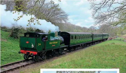  ??  ?? Above: LSWR O2 0-4-4T No. W24 Calbourne at Woodhouse Farm crossing with one of the Isle of Wight Steam Railway's 50th anniversar­y trains on April 12. NICK GILLIAM