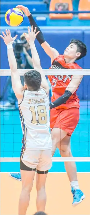  ?? PHOTOGRAPH COURTESY OF UAAP ?? TEAM captain Jan Macam leads University of the East to a hard-earned Game 2 win over National University Nazareth School to force a title decider in the UAAP Season 86 boys’ volleyball best-of-three finals series.