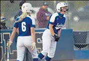  ?? Timothy Hurst / Staff Photograph­er ?? Broomfield’s Claire Comstock reacts after scoring a run that allowed the Eagles to creep closer to Cherokee Trail in their Class 5A quarterfin­al playoff game Thursday in Broomfield.
Bocopreps.com