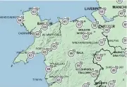  ??  ?? ● Strong winds are set to hit North Wales tonight. Graphic: Met Office