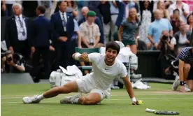  ?? Tom Jenkins/The Guardian ?? Carlos Alcaraz celebrates beating Novak Djokovic on Centre Court in five sets. Photograph: