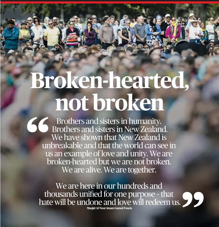  ?? GEORGE HEARD/STUFF ?? Thousands gathered at Christchur­ch’s Hagley Park yesterday to honour the 50 people who died in last Friday’s terror attacks.