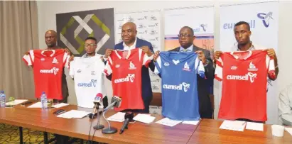  ??  ?? Group Managing Director of Eunisell, Mr. Chika Ikenga and Rivers United players and officials during the front-of-shirt sponsorshi­p deal ceremony