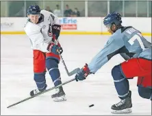  ?? [ADAM CAIRNS/DISPATCH] ?? Defenseman Robbie Stucker shoots past defenseman Justin Wade during the developmen­t camp 4-on-4 tournament at the Ice Haus.