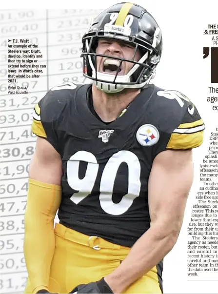  ?? Peter Diana/ Post-Gazette ?? T.J. Watt
An example of the Steelers way: Draft, develop, identify and then try to sign or extend before they can leave. In Watt’s case, that would be after 2021.